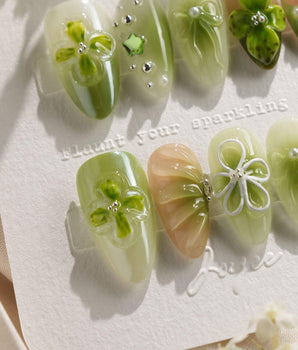 FourLeaf - Rebel Clover press-on nail set — Fresh Matcha Green, 3D Clovers & Bows. design, hand-painted with real gel polish
