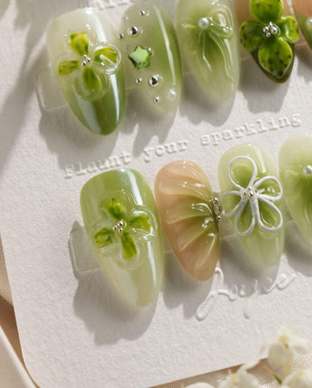FourLeaf - Rebel Clover press-on nail set — Fresh Matcha Green, 3D Clovers & Bows. design, hand-painted with real gel polish