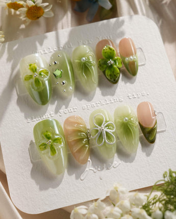FourLeaf - Rebel Clover press-on nails — Fresh Matcha Green, 3D Clovers & Bows. handmade nail art by Joyee Nails