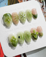 FourLeaf - Rebel Clover press-on nails — Fresh Matcha Green, 3D Clovers & Bows. handmade nail art by Joyee Nails