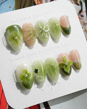 FourLeaf - Rebel Clover press-on nails — Fresh Matcha Green, 3D Clovers & Bows. handmade nail art by Joyee Nails