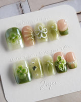 FourLeaf - Rebel Clover press-on nails in extra short square shape — Fresh Matcha Green, 3D Clovers & Bows.