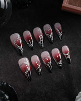 Fracture press on nails with sculpted mirror silver cracks over a nude to wine red to black gradient - image 3