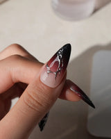 Fracture press on nails with sculpted mirror silver cracks over a nude to wine red to black gradient - image 4