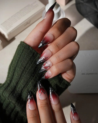 Fracture press on nails with sculpted mirror silver cracks over a nude to wine red to black gradient - image 5