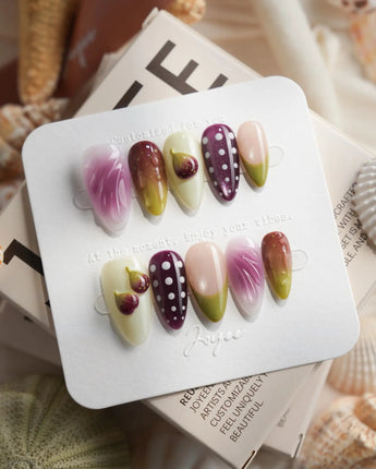 Fresh Fig short almond press-on nails with purple fig and green garden tones