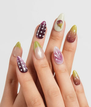 Fresh Fig handmade fruit nail art with seeded fig details and white polka dots
