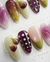 Fresh Fig purple mauve press-on nails with 3D fig halves and olive green swirls