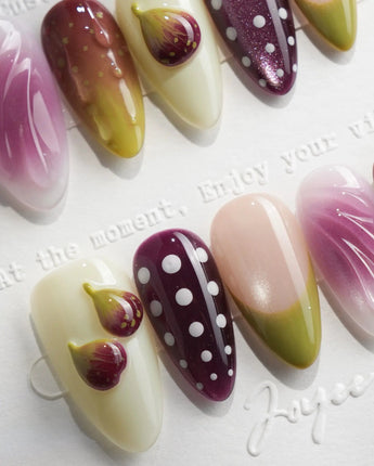 Fresh Fig purple mauve press-on nails with 3D fig halves and olive green swirls