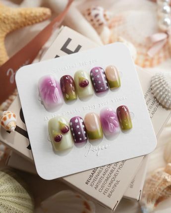 Fresh Fig purple and olive fruit press-on nails in short square shape