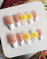 Fresh Spring press-on nail set — Summer Plumeria, French Pearls & 3D Flowers. design, hand-painted with real gel polish