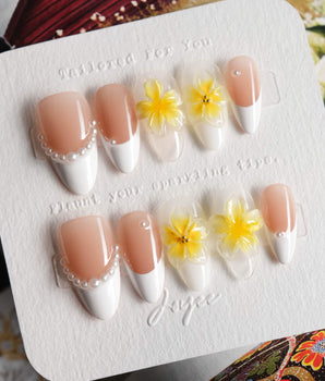 Fresh Spring press-on nail set — Summer Plumeria, French Pearls & 3D Flowers. design, hand-painted with real gel polish