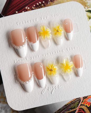 Fresh Spring press-on nail set — Summer Plumeria, French Pearls & 3D Flowers. design, hand-painted with real gel polish