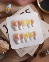 Fresh Spring press-on nails in medium coffin shape — Summer Plumeria, French Pearls & 3D Flowers.