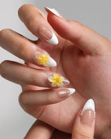 Fresh Spring handmade press-on nails featuring Summer Plumeria, French Pearls & 3D Flowers.