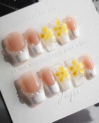 Fresh Spring press-on nails in short coffin shape — Summer Plumeria, French Pearls & 3D Flowers.