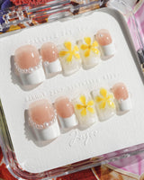 Fresh Spring press-on nails in short square shape — Summer Plumeria, French Pearls & 3D Flowers.
