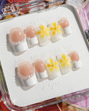 Fresh Spring press-on nails in short square shape — Summer Plumeria, French Pearls & 3D Flowers.