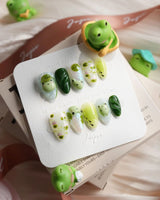 Frog Dodo handmade pond press-on nails with forest green and pistachio tones