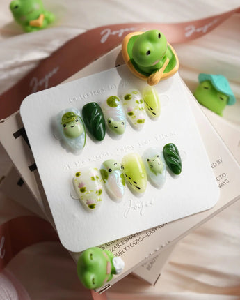Frog Dodo handmade pond press-on nails with forest green and pistachio tones