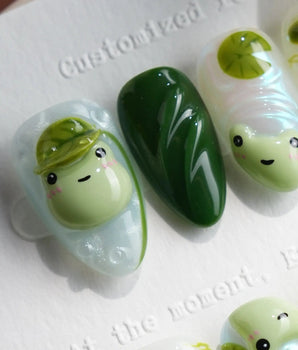 Frog Dodo press-on nail set — frog nail art design, hand-painted with real gel polish