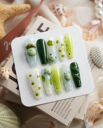 Frog Dodo pond press-on nails in long coffin shape