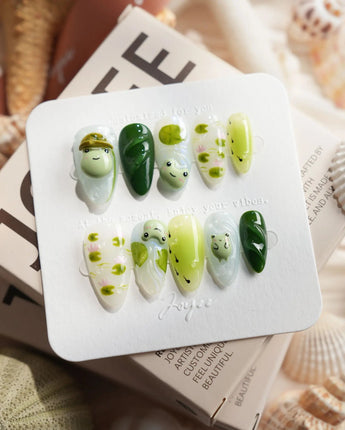 Frog Dodo pond press-on nails in short almond shape