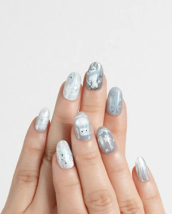 Frosty Friends nails — Glacial Gray & Translucent by Joyee Nails