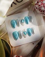 Frozen Dream press-on nails — ice blue ombre silver chrome snowflake charm handmade nail art by Joyee Nails