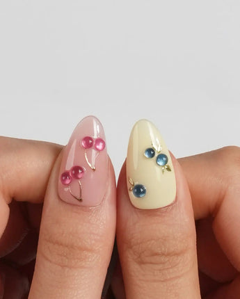Fruit Fizz custom press-on nails with candy-colored chrome fruit charms