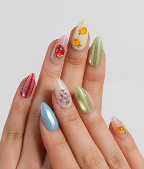 Fruit Fizz pastel summer nail art with 3D fruit beads and wet-look glossy finish