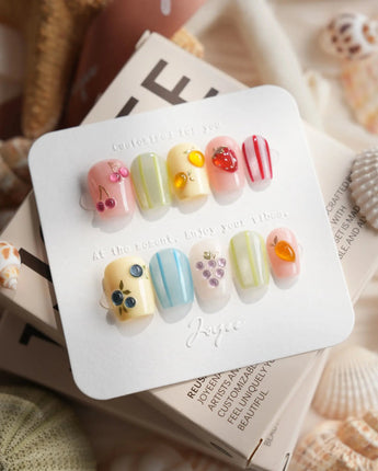 Fruit Fizz colorful 3D fruit press-on nails in extra short coffin shape