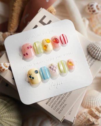 Fruit Fizz colorful 3D fruit press-on nails in extra short squoval shape