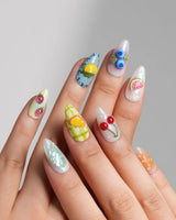 Fruit Picnic custom-size short almond nails with bright fruit picnic nail art