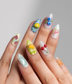 Fruit Picnic custom-size short almond nails with bright fruit picnic nail art