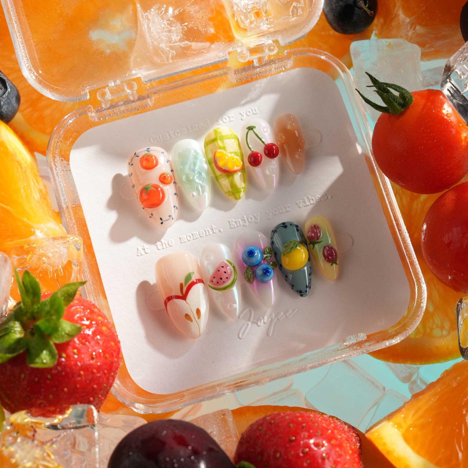 3D orange and cherry nails with summer picnic vibe
