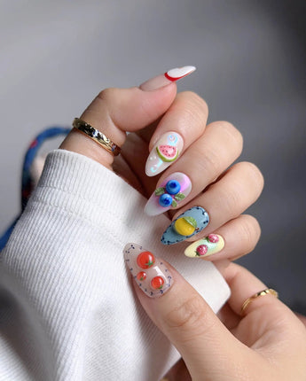 Fruit Picnic press-on nail set — Colorful Pastels, 3D Hand-painted Fruits. design, hand-painted with real gel polish