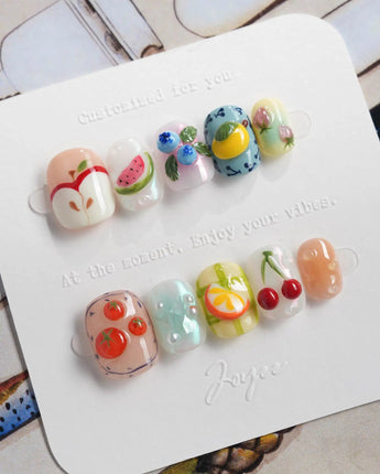Fruit Picnic close-up of glossy 3D fruit accents on playful summer nails