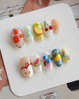 Fruit Picnic handmade fruit nail art with colorful pastels and picnic-day styling