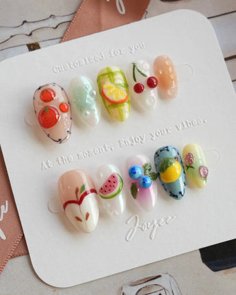 Fruit Picnic handmade fruit nail art with colorful pastels and picnic-day styling