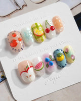 Fruit Picnic cute summer nail set with colorful fruit charms and pastel base