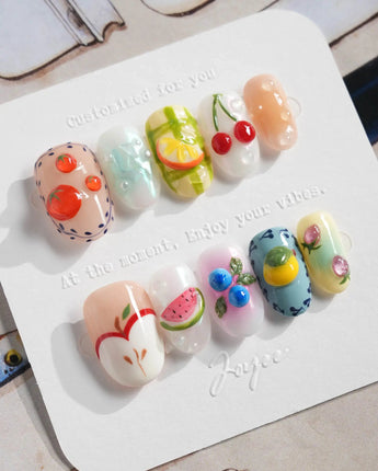 Fruit Picnic cute summer nail set with colorful fruit charms and pastel base