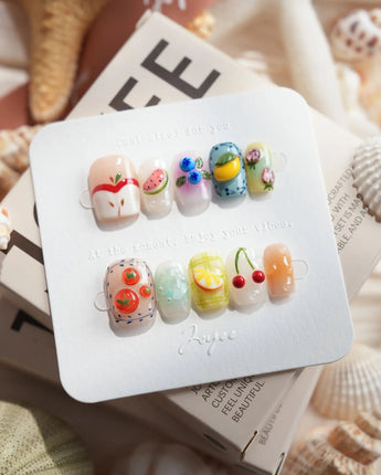 Fruit Picnic extra short square nails with colorful 3D fruit and pastel details