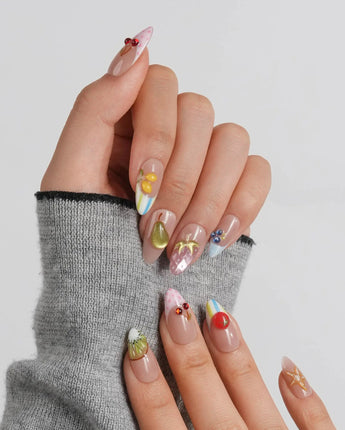 Fruit Tips summer fruit French manicure with glossy gel citrus and kiwi tip charms