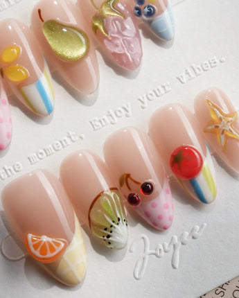 Fruit Tips Short Almond press on nails, handmade custom nails by Joyeenails