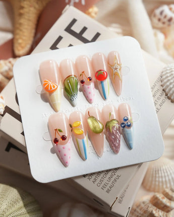 Fruit Tips 3D fruit French tip press-on nails in long stiletto shape