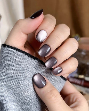 Fume press-on nails — taupe brown cat eye handmade nail art by Joyee Nails