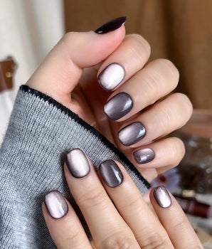 Fume press-on nail set — taupe brown cat eye design, hand-painted with real gel polish