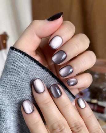 Fume press-on nail set — taupe brown cat eye design, hand-painted with real gel polish