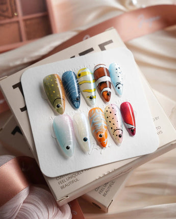 Funky Fish tropical fish press-on nails in medium stiletto shape